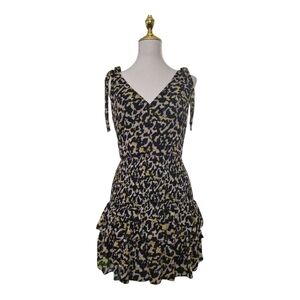 Amanda Uprichard Sleeveless V-Neck Smocked Ruffle Hem Mini Dress Leopard